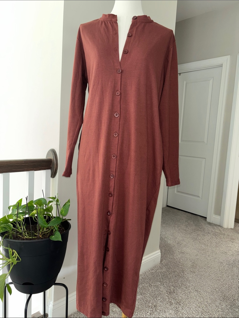 Missguided Long Sleeve Button-Front Maxi Dress — Rust Brown